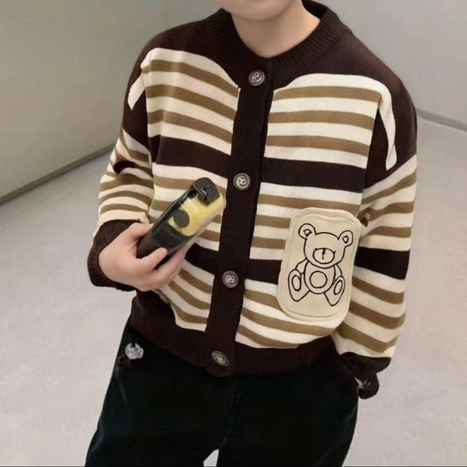 Bear Striped Knit Cardigan