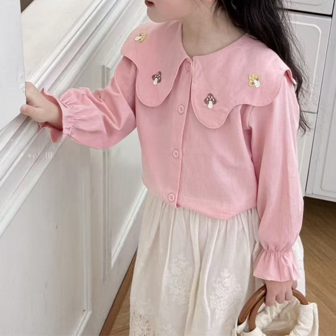Pink Mushroom-Embroidered Collar Blouse  Description: