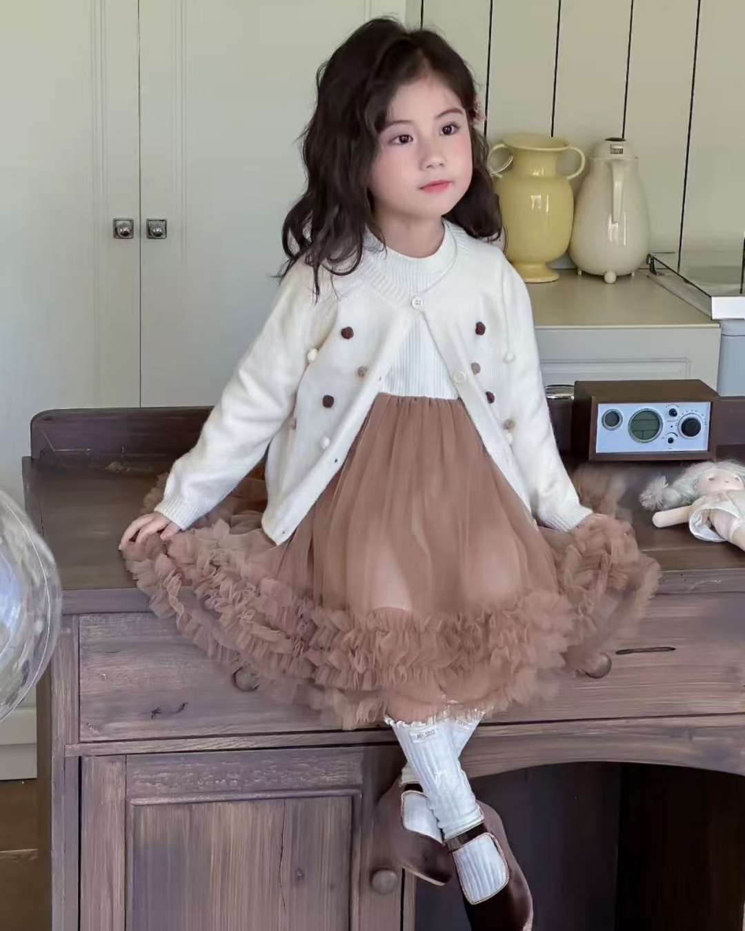 Ruffle Tulle Dress & Cardigan Set
