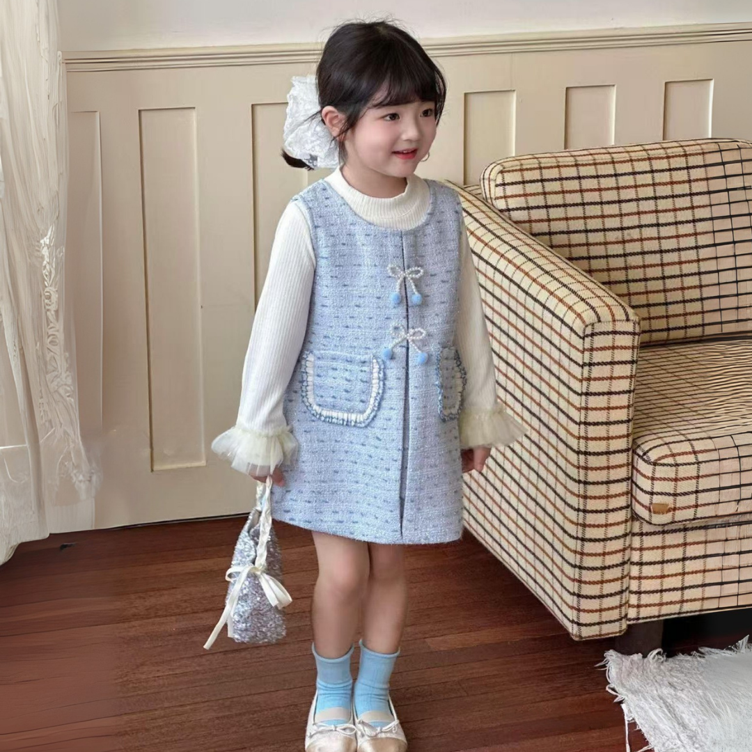 Powder Blue Tweed Dress & Ribbed Top 2-Piece Set