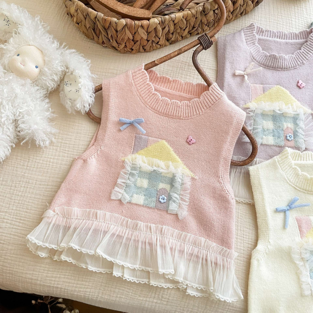 Pastel Pink House Knit Vest with Lace Hem