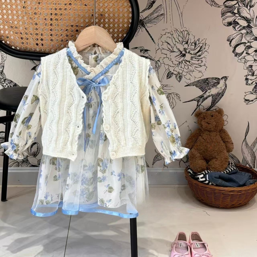 2-Piece Chinese Style Floral Dress & Knit Vest
