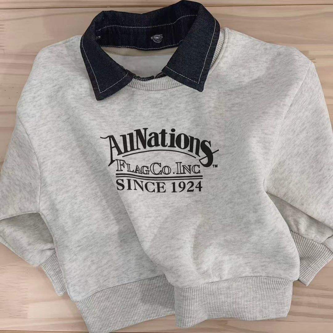 Denim Collar Graphic Sweatshirt