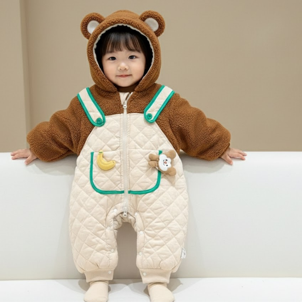 Cute Monkey Plush Hooded Quilted Winter Romper