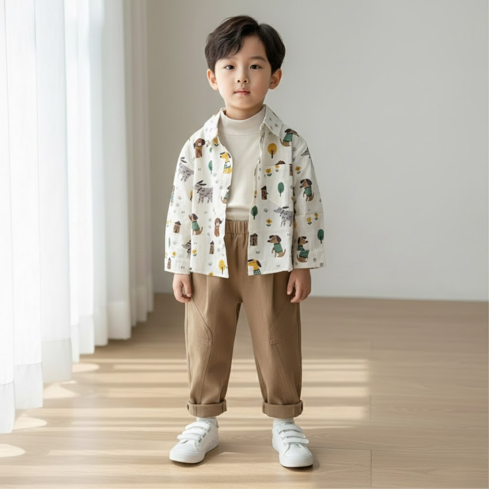 Playful Pup Print Button-Up Shirt