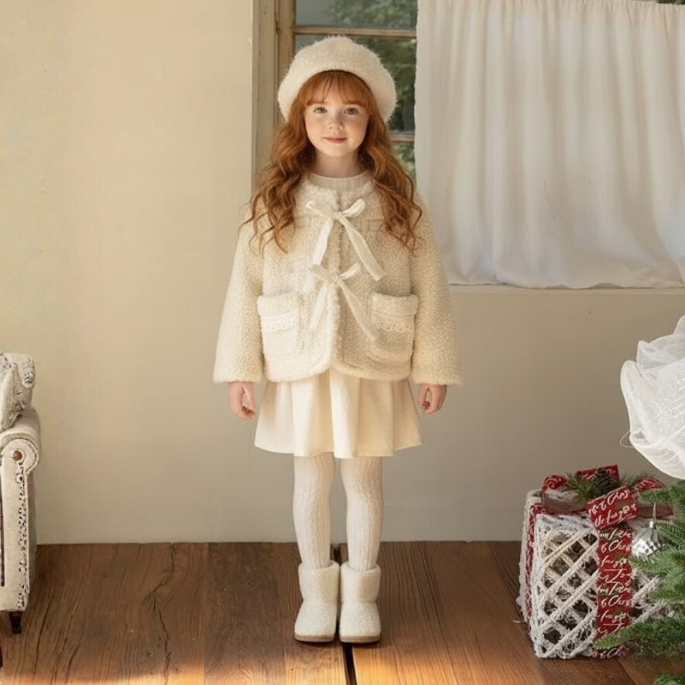 White Fleece Jacket with Lace Pockets