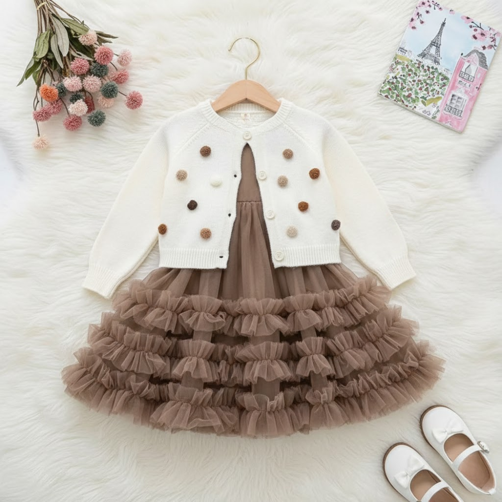 Ruffle Tulle Dress & Cardigan Set