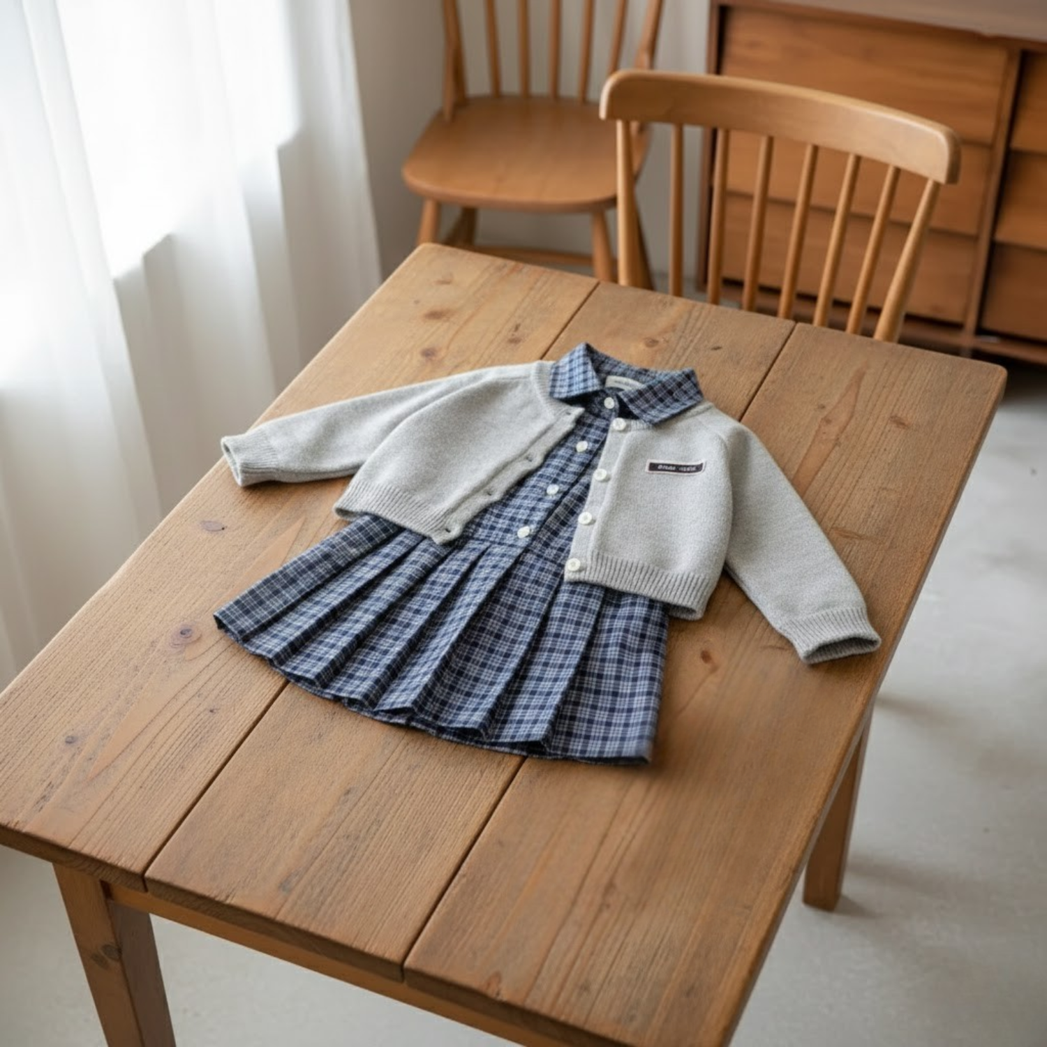 Plaid Dress & Knit Cardigan 2-Piece Set