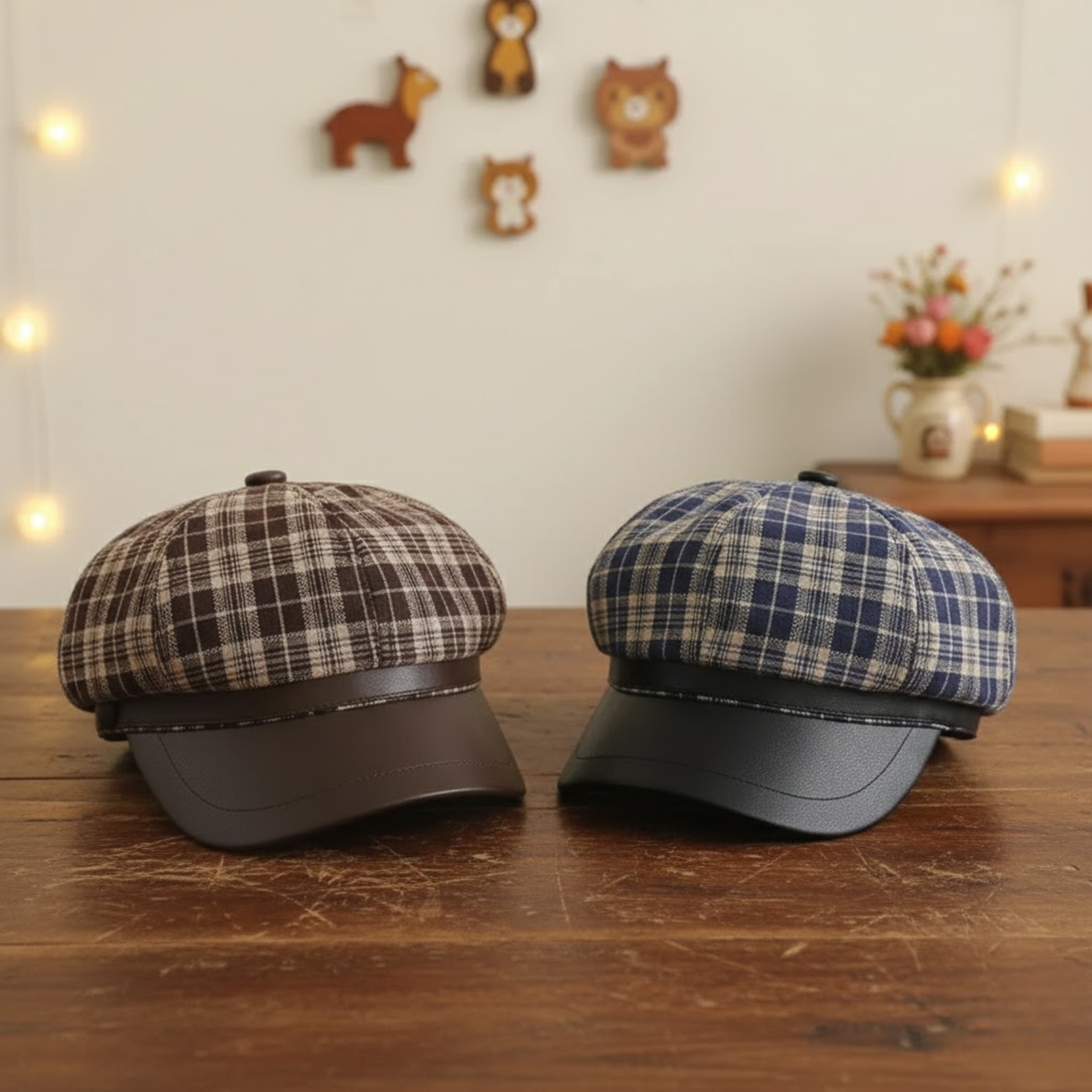 Plaid Newsboy Cap with Faux Leather Brim