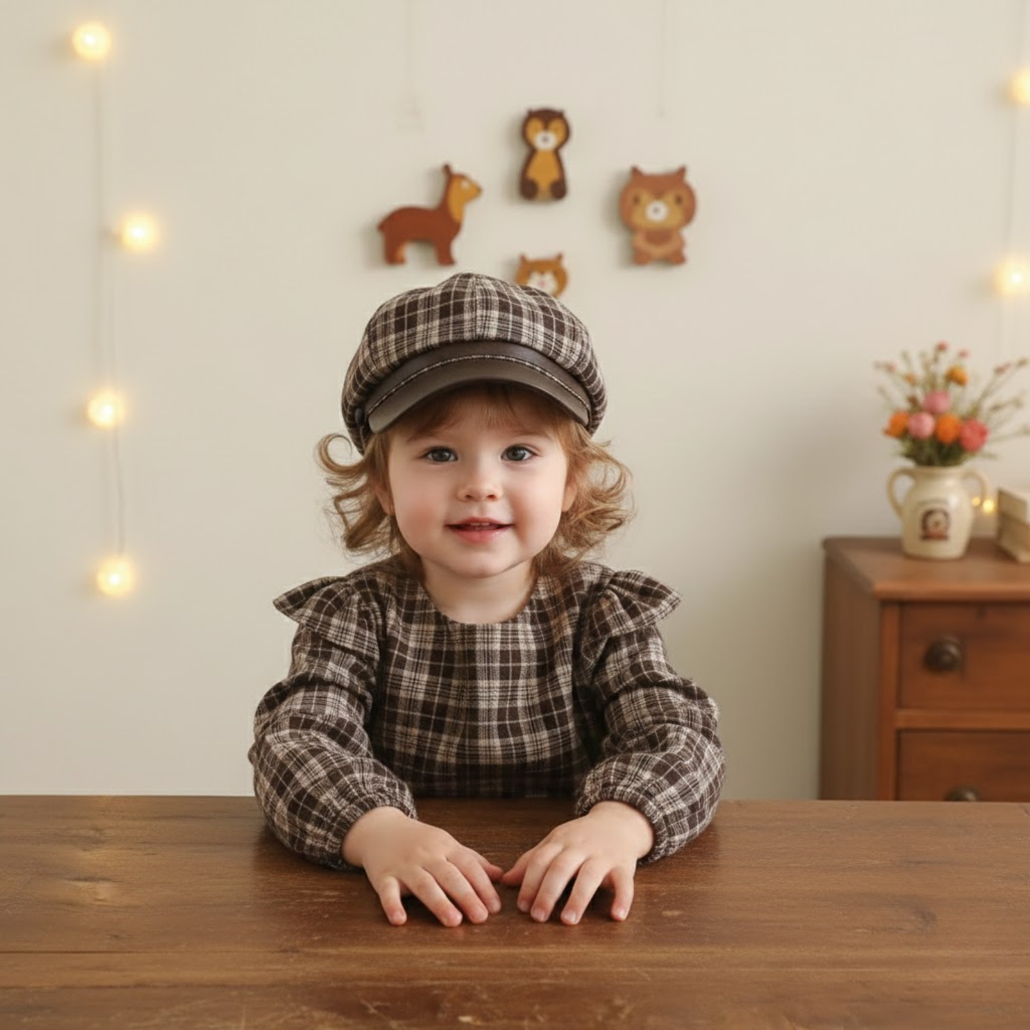 Plaid Newsboy Cap with Faux Leather Brim
