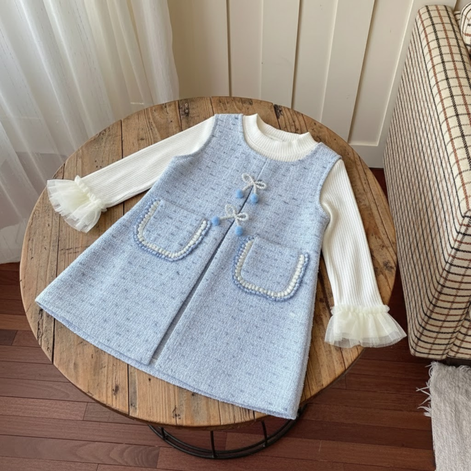 Powder Blue Tweed Dress & Ribbed Top 2-Piece Set