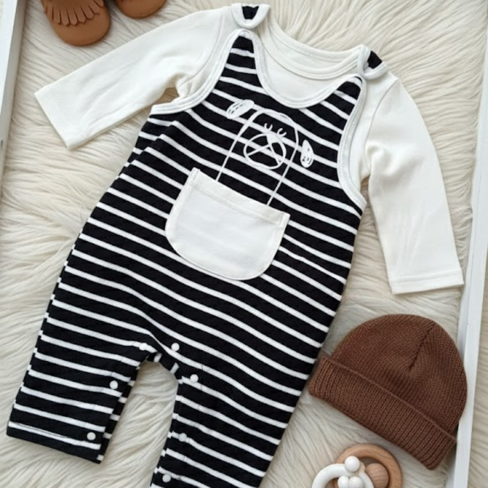 Black & White Puppy Striped Overall Set