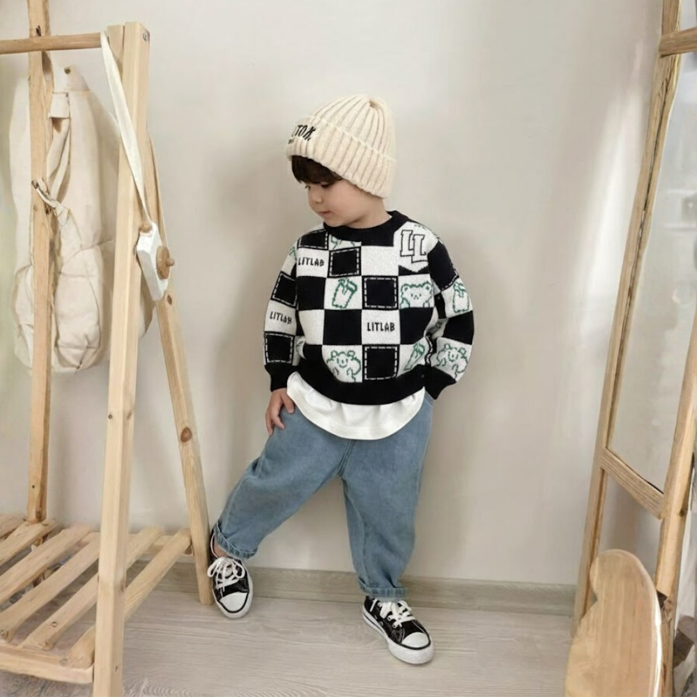 Checkerboard Bear Knit Sweater