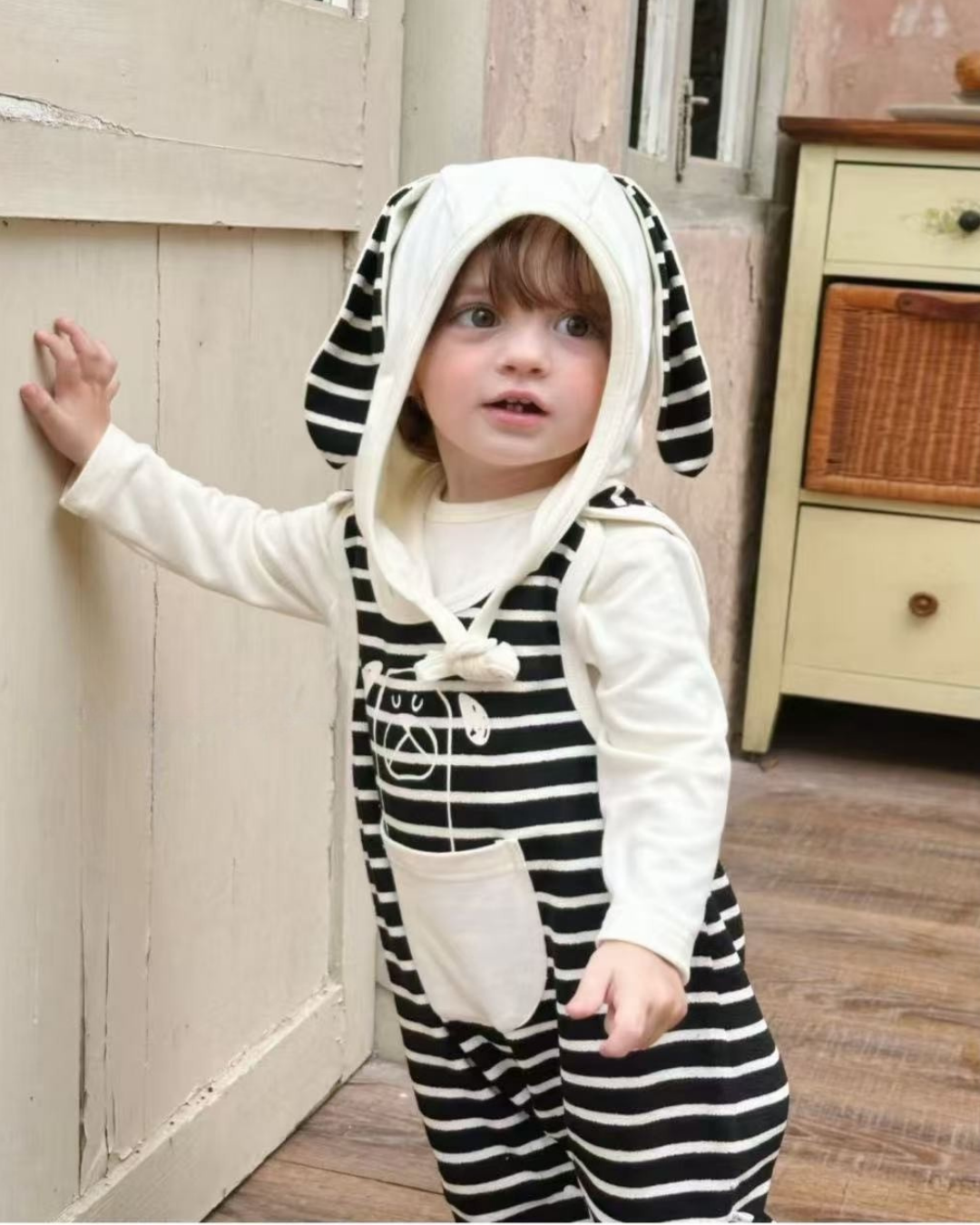 Black & White Puppy Striped Overall Set
