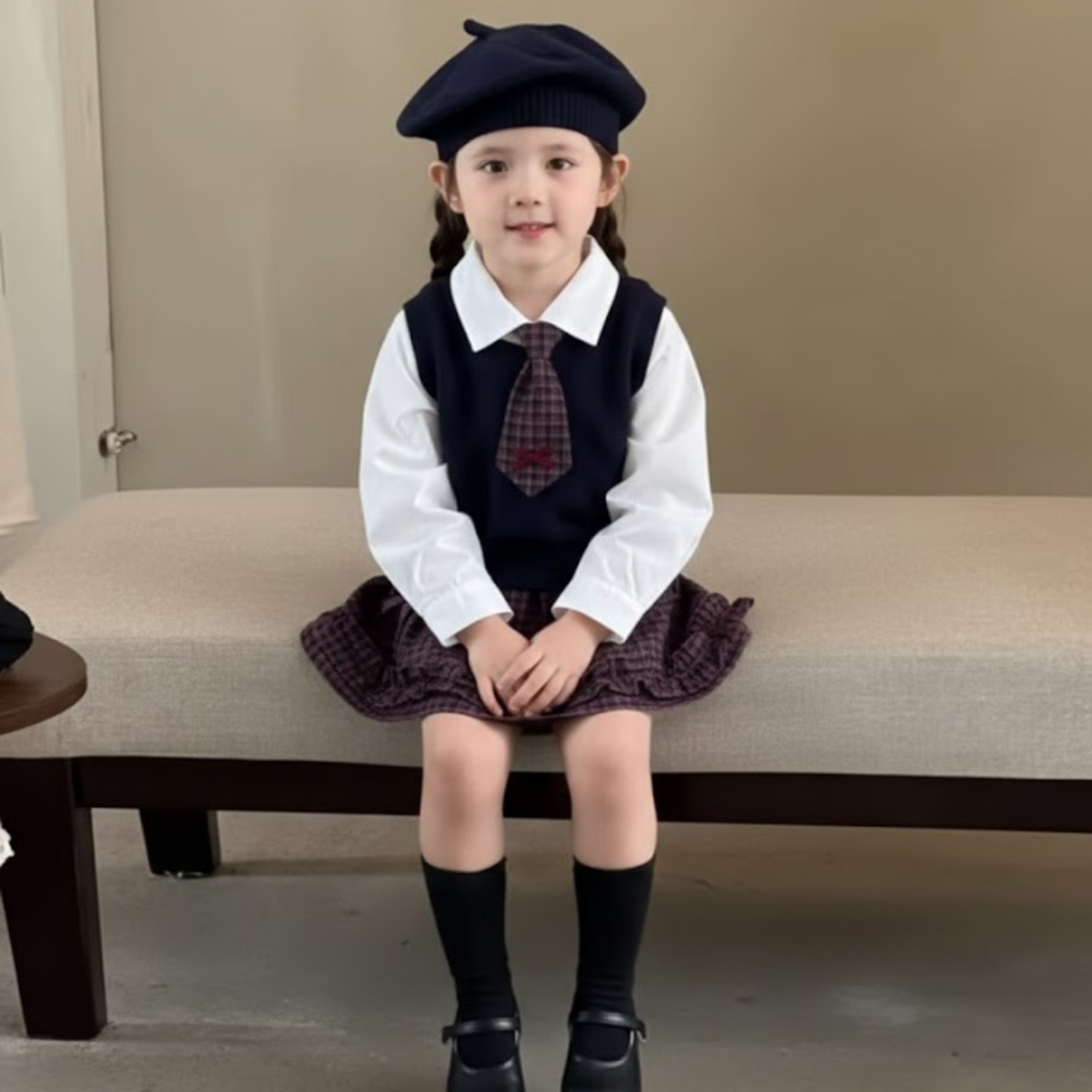 倫敦時尚海軍藍針織背心與格紋荷葉邊半裙套裝