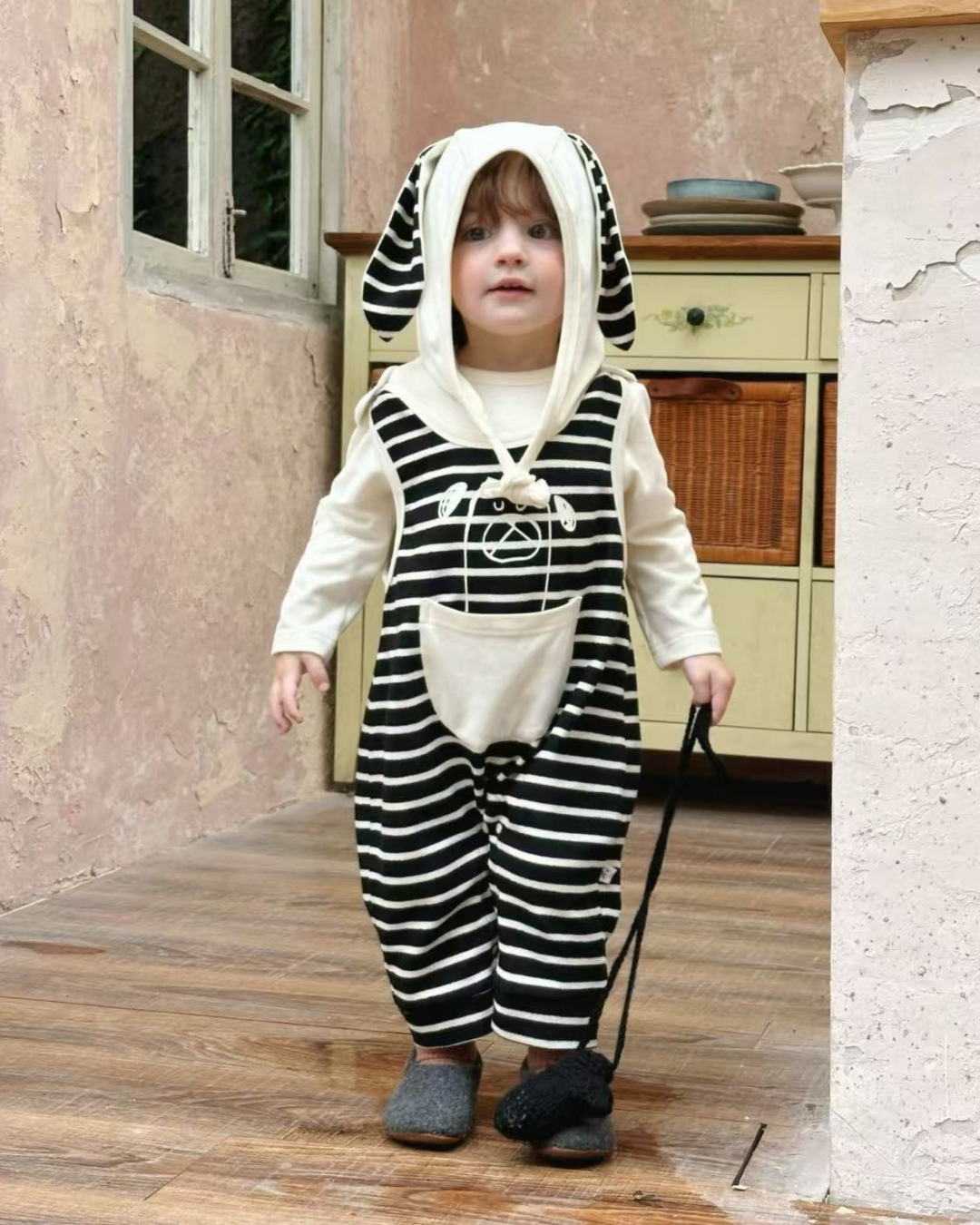Black & White Puppy Striped Overall Set
