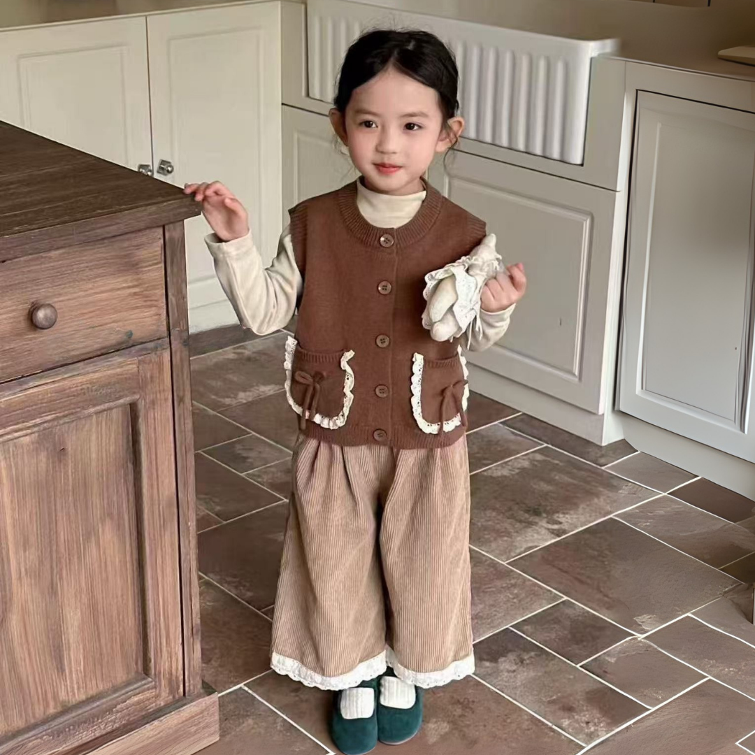 Chocolate Corduroy 3-Piece Set with Lace Pockets