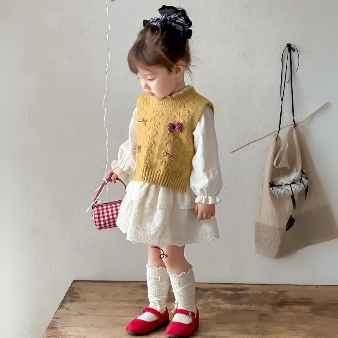 Girls Knitted Vest & Lace Dress Set – 2-Piece Outfit