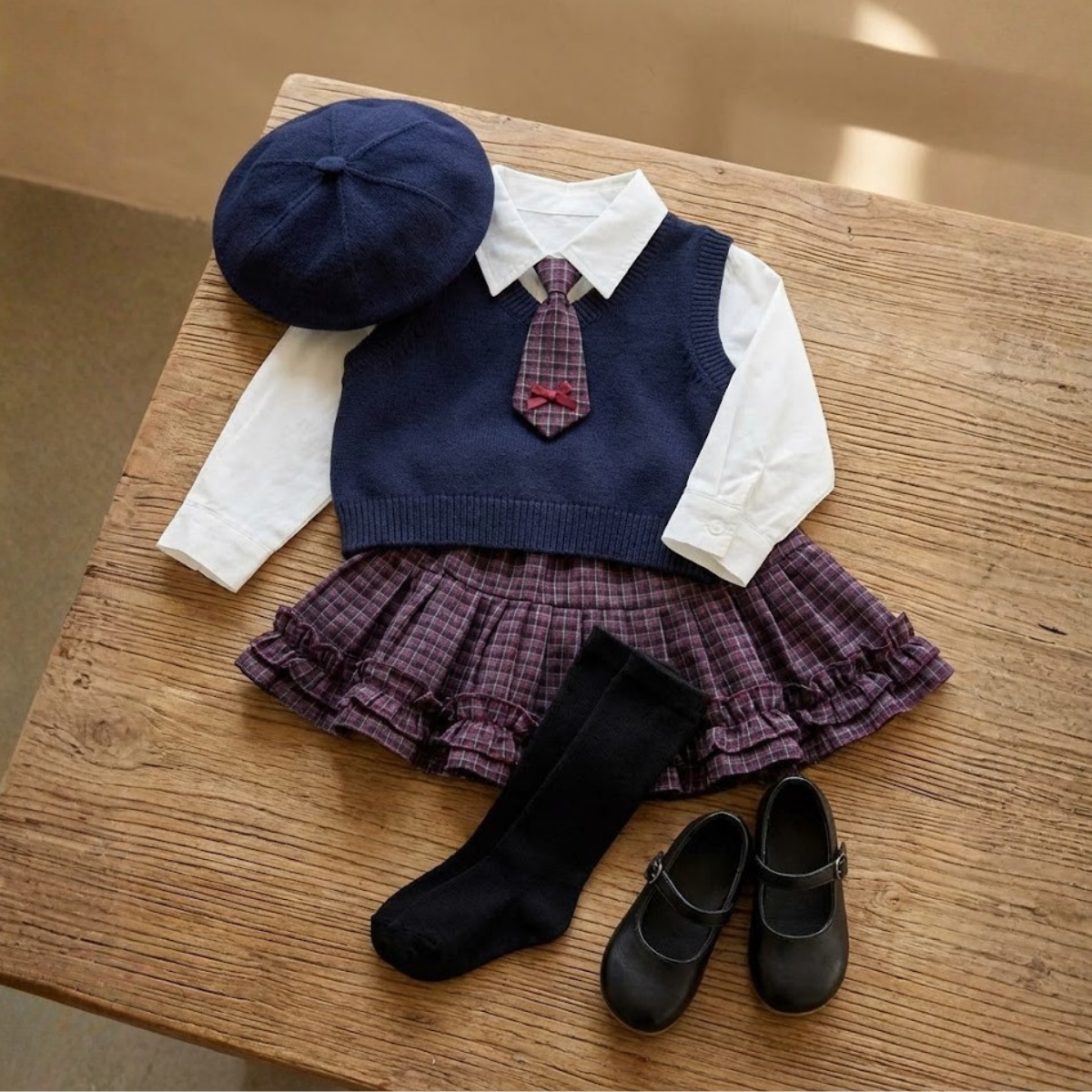 倫敦時尚海軍藍針織背心與格紋荷葉邊半裙套裝