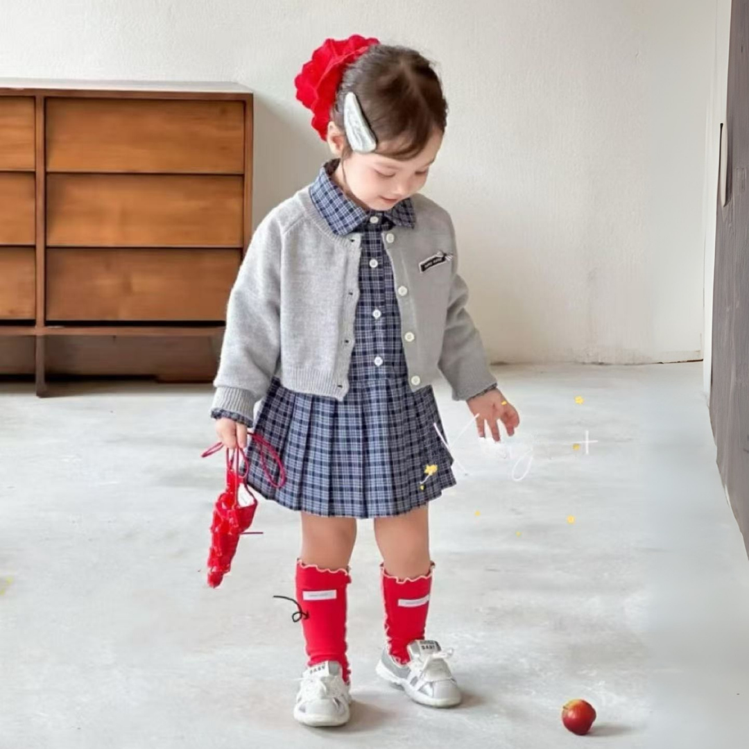 Plaid Dress & Knit Cardigan 2-Piece Set