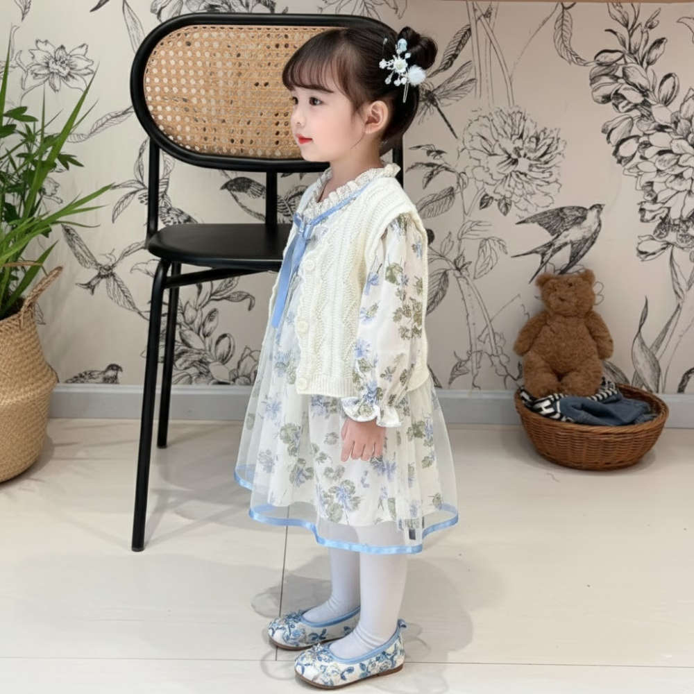 2-Piece Chinese Style Floral Dress & Knit Vest
