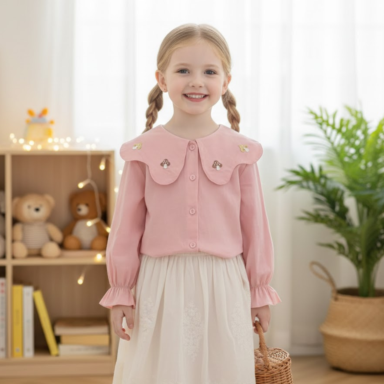 Pink Mushroom-Embroidered Collar Blouse  Description: