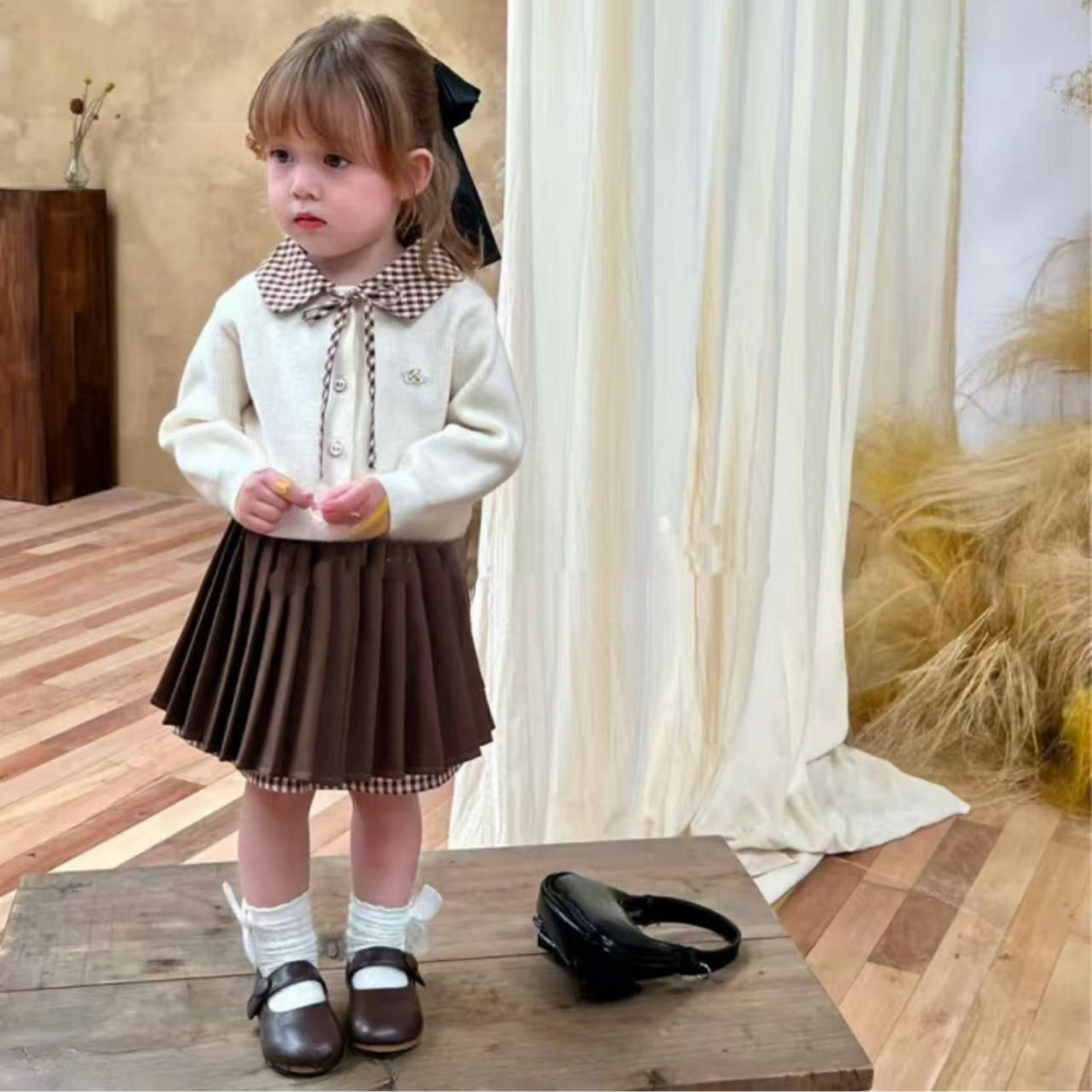 Vintage Check Collar Knit Top & Skirt Set