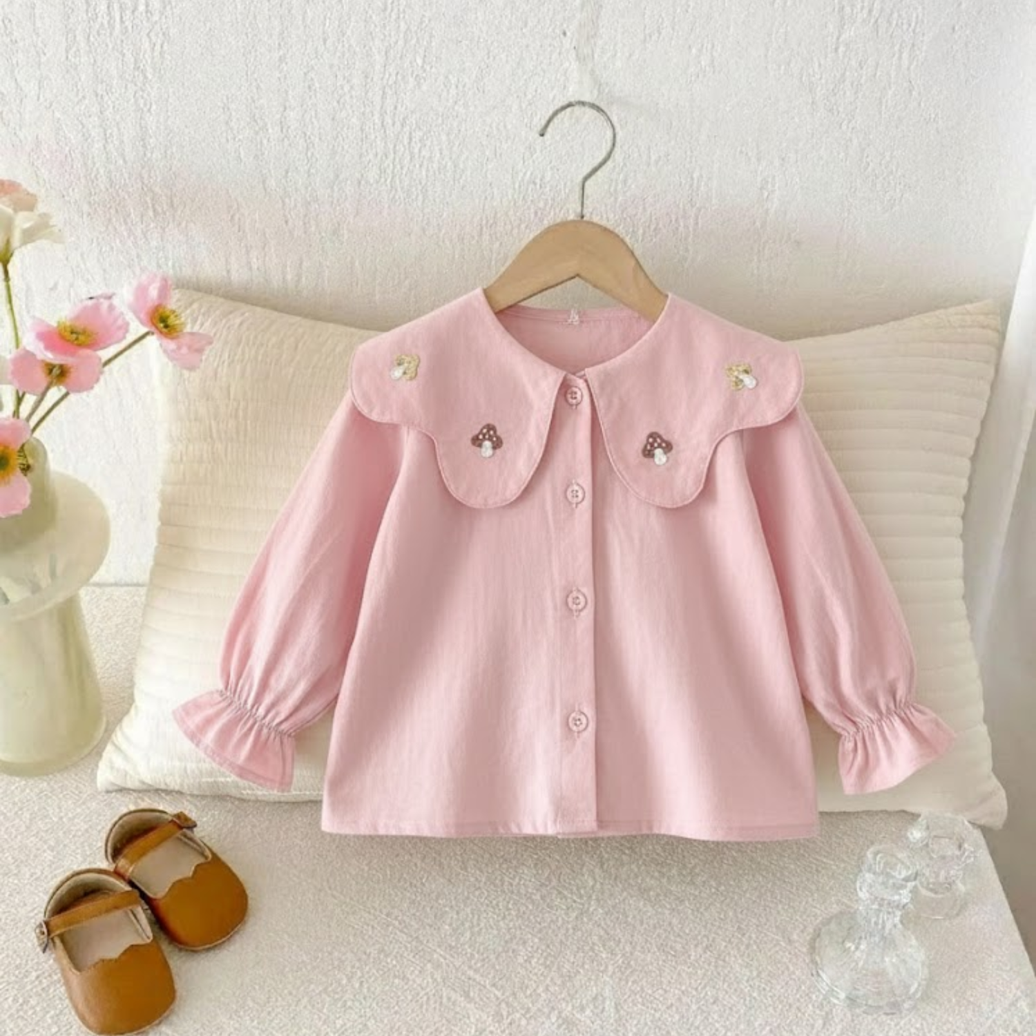 Pink Mushroom-Embroidered Collar Blouse  Description: