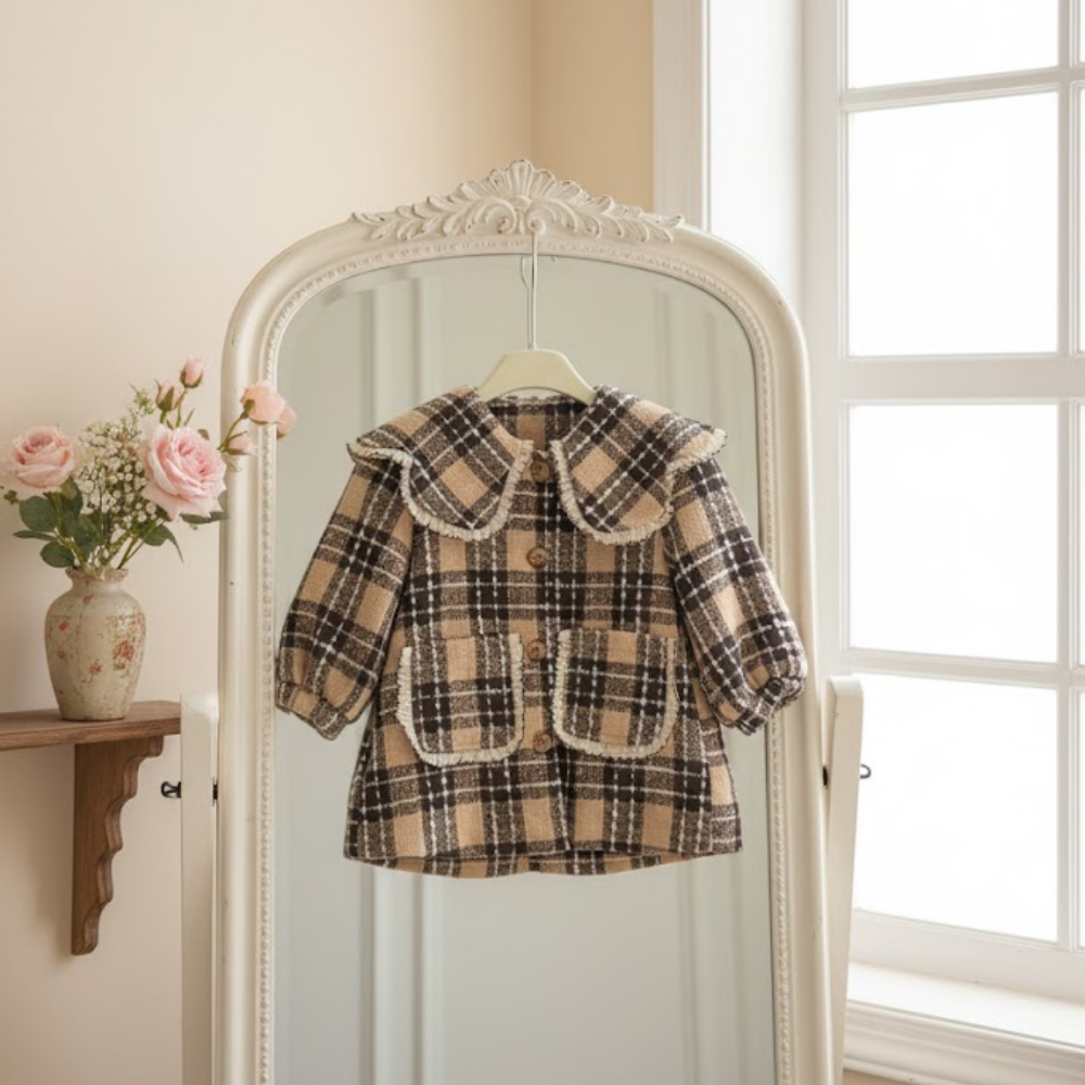 Tweed Plaid Ruffle Collar Coat