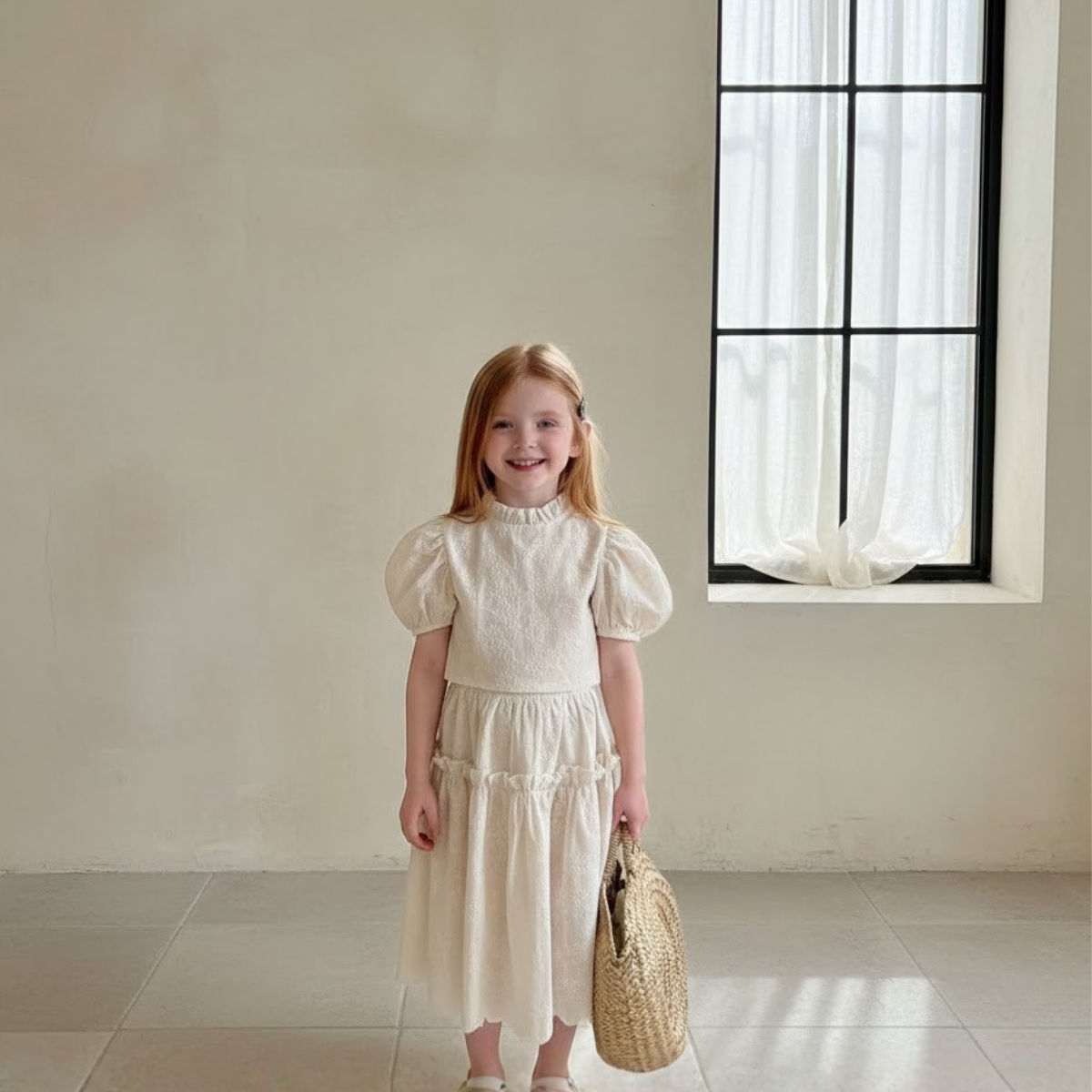 Meadow Bloom奶油色泡泡袖上衣和多層裙套裝