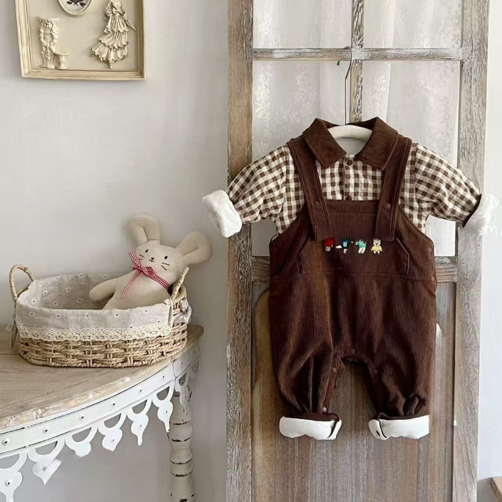 Brown Gingham & Corduroy Bear Overalls Set
