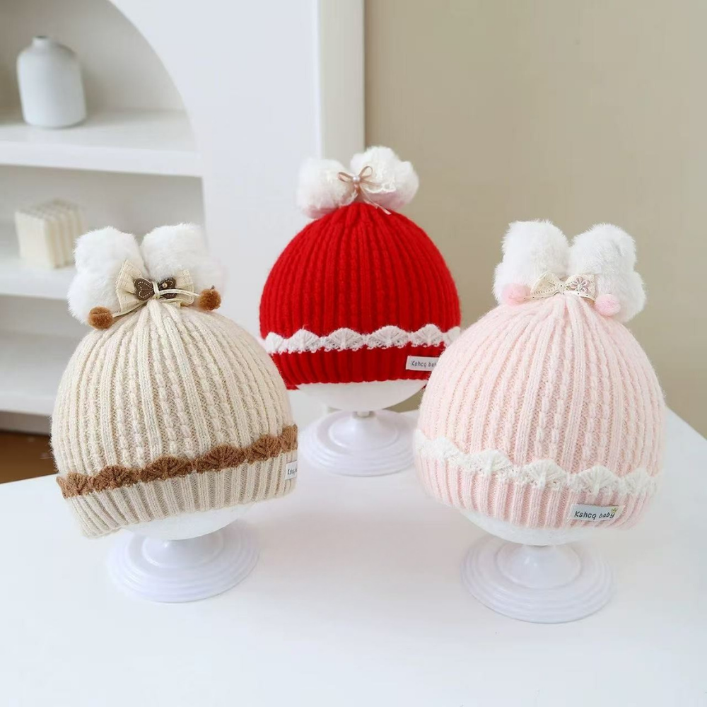 Pom-Pom Bow Knit Winter Hat