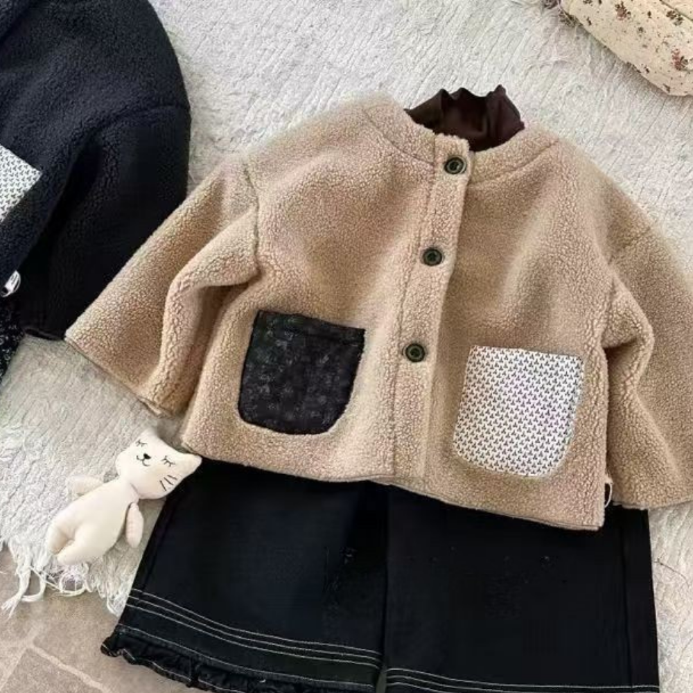 Chic Contrast Pocket Teddy Fleece Kids Jacket