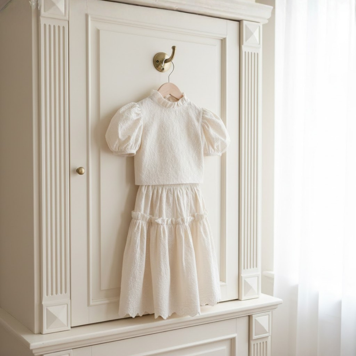 Meadow Bloom奶油色泡泡袖上衣和多層裙套裝