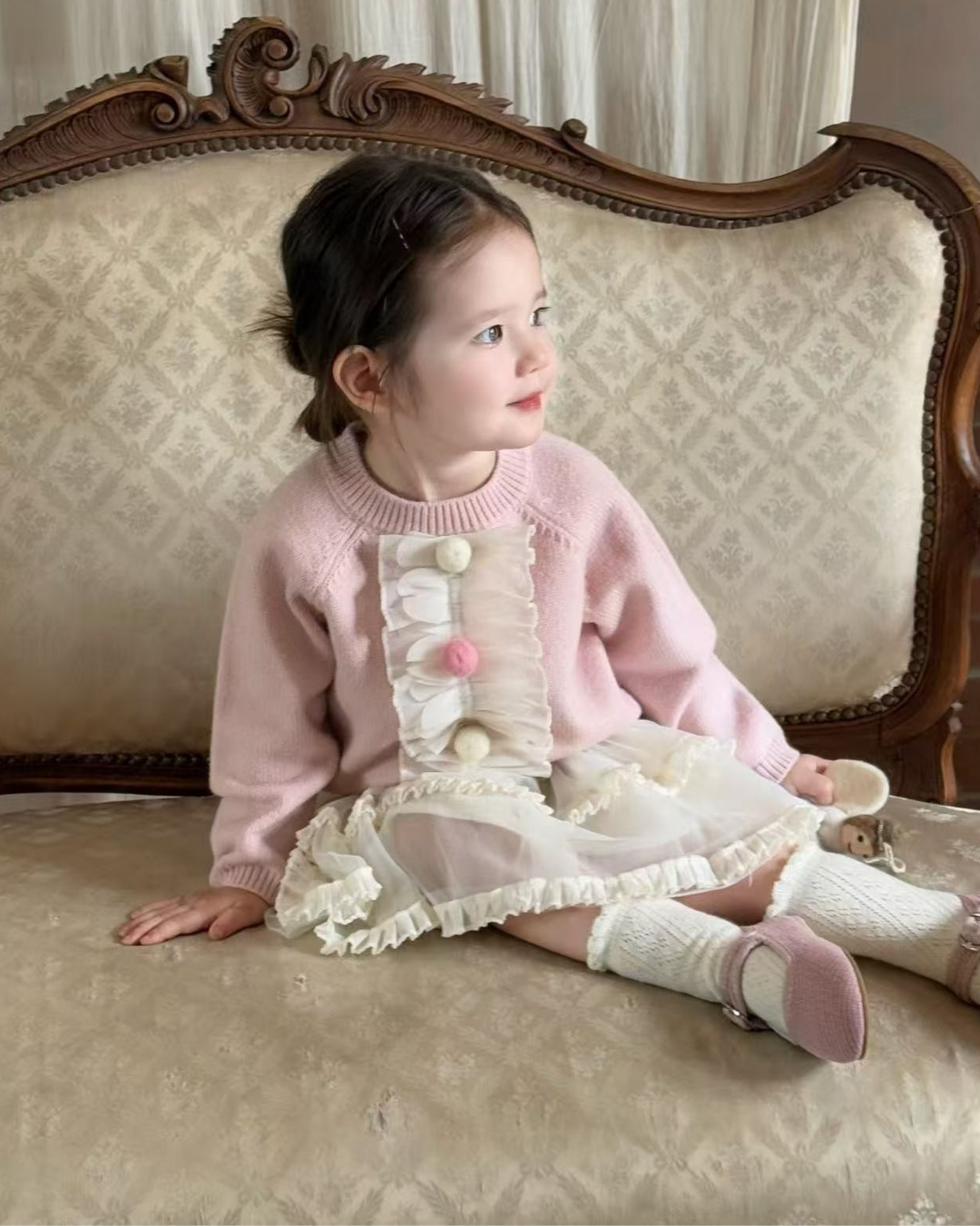 Sweet Ruffle Pom-Pom Knit Sweater