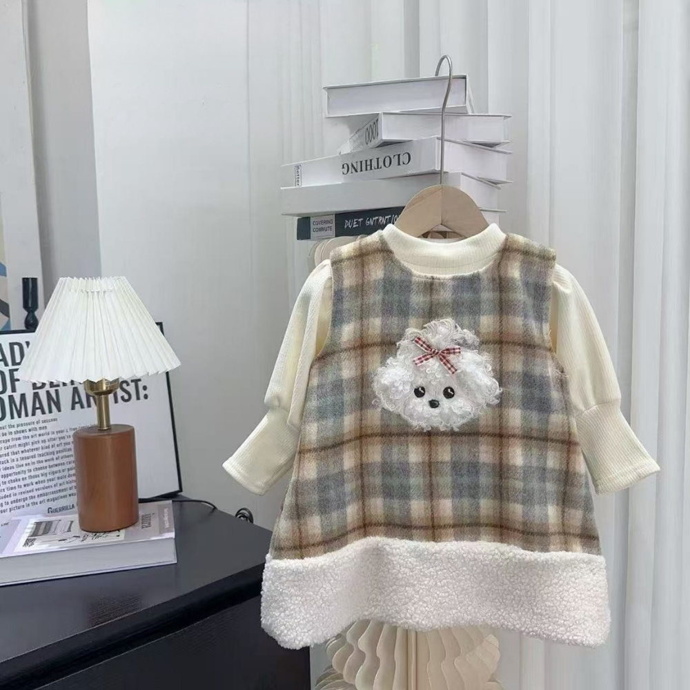 Teddy Pup Plaid Fleece Dress Set