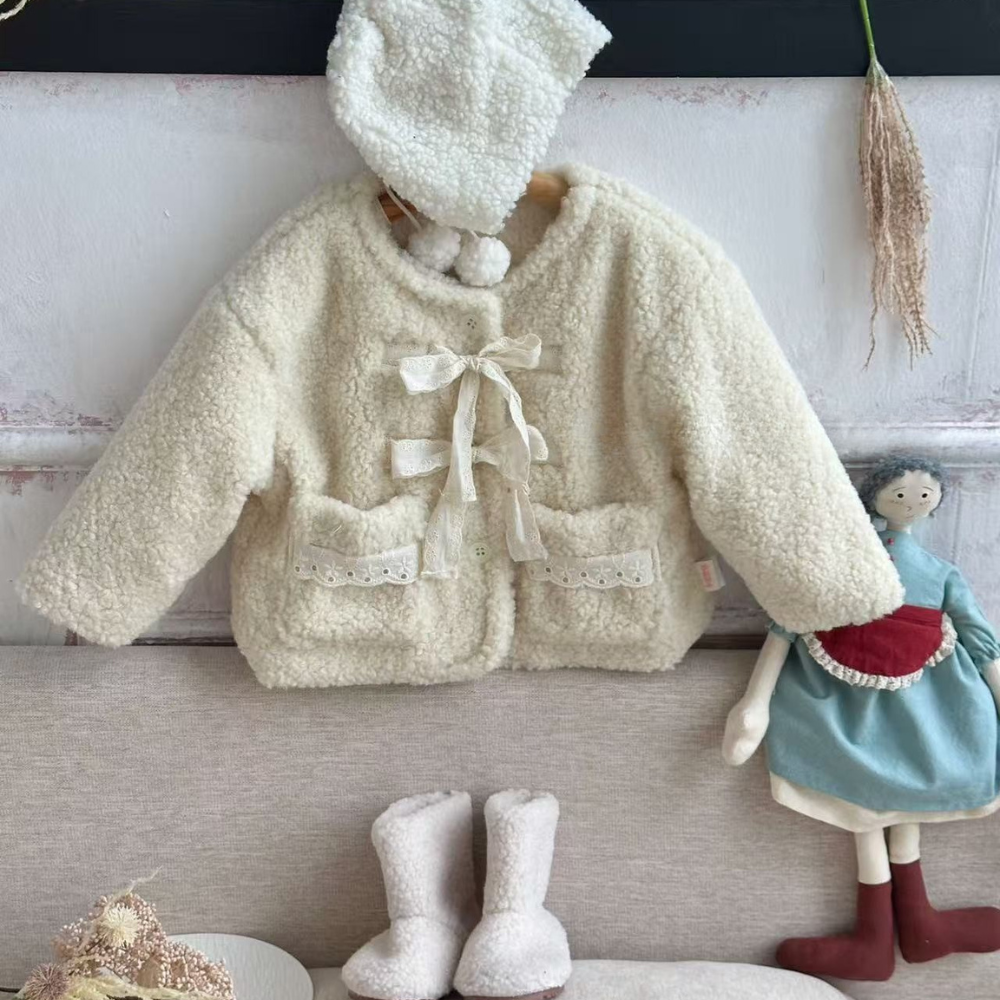 White Fleece Jacket with Lace Pockets