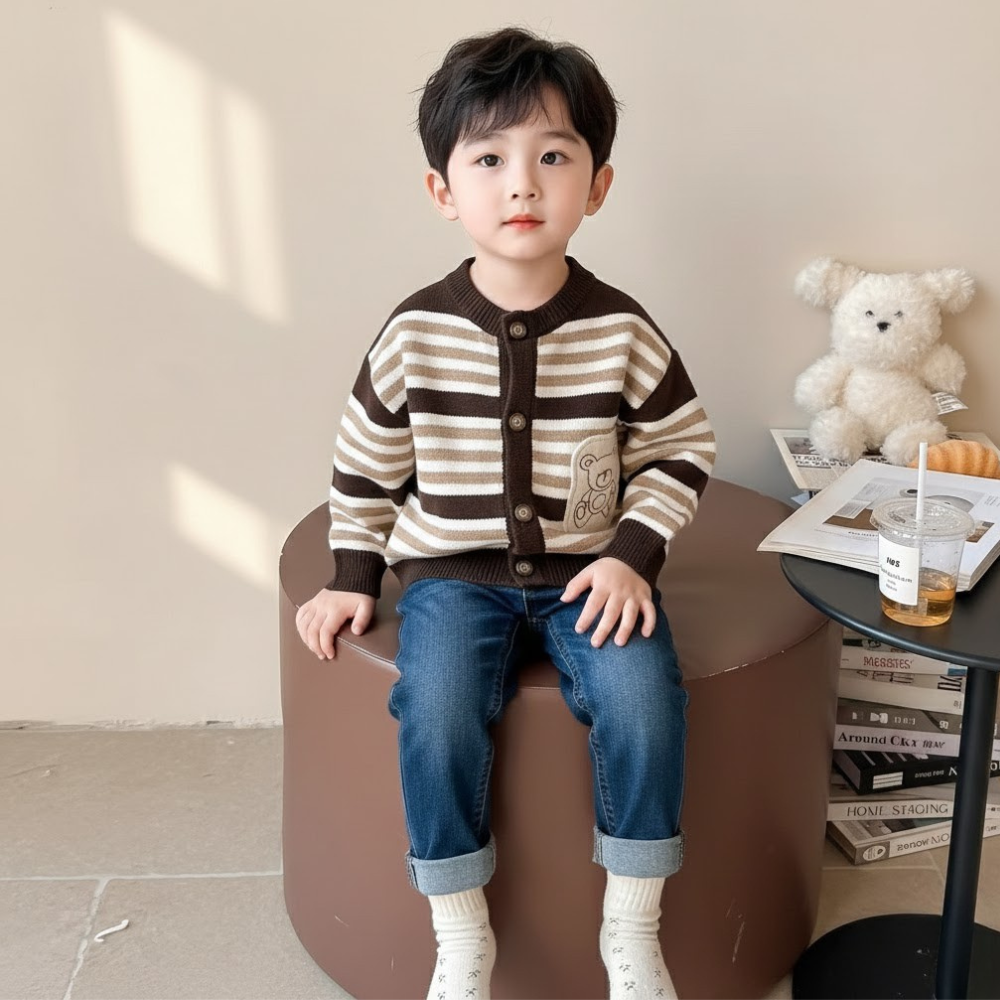 Bear Striped Knit Cardigan