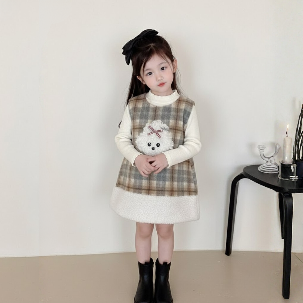 Teddy Pup Plaid Fleece Dress Set